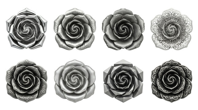 Metallic rose flower set including polished, hammered, filigree, engraved, and geometric styles isolated. Decorative floral metal jewelry and craft collection.