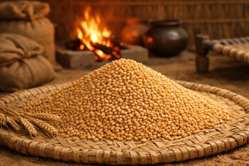 Pongal Lohri Makar Sankranti wheat grains on woven tray near village hearth symbolizing harvest warmth