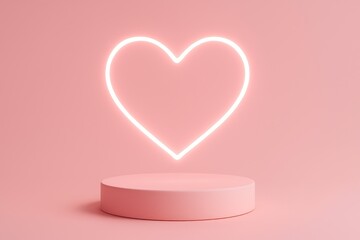 Glowing white neon heart shape hovering above a pale pink cylinder podium on a pink background love romance