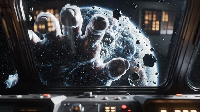 A cosmic entity reaches from a nebula towards a spaceship window. Its massive hand and glowing eyes create a terrifying sci-fi horror scene.