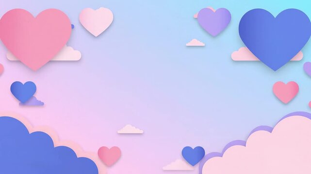 Dreamy motion graphic of pastel paper " valentine " hearts floating on a pink and blue gradient background.