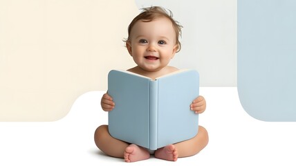 Happy baby with book a symbol of early learning and childhood joy.