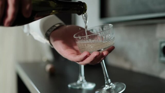 A man's hand pours champagne before a romantic dinner with her beloved