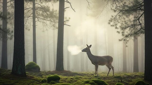 White-tailed deer standing in foggy pine grove forest