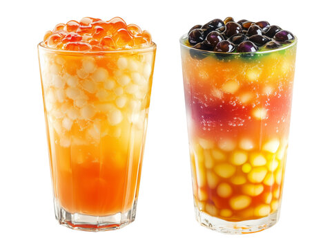 Orange bubble tea Filipino Sagot Gulaman filled with tapioca pearls and topped with mint, isolated on white background.