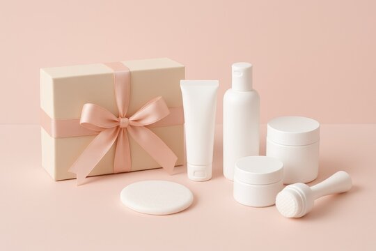 Set of white cosmetic bottles and jars with a pink ribbon-tied gift box and a round puff on a pink background