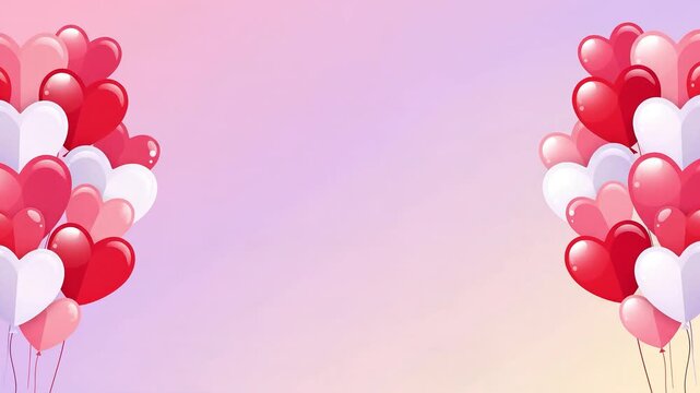 Animated red heart balloons frame a romantic pastel background, offering copy space for valentine's day greetings.