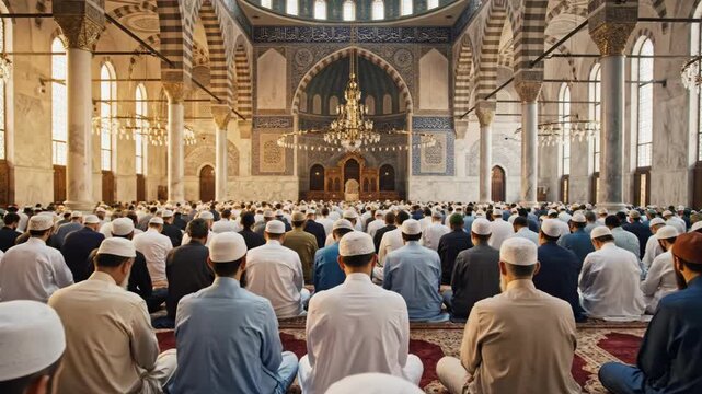 Majestic 4K Cinematic Video of a Large Muslim Congregation Gathering and Preparing for Prayer inside a Grand Mosque During Ramadhan