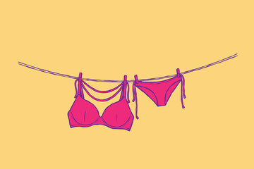 Women's bra and panties hanging on a rope doodle style. Swimwear or underwear, lingerie hanging and drying. vintage hand drawn Vector illustration. Isolated design element template