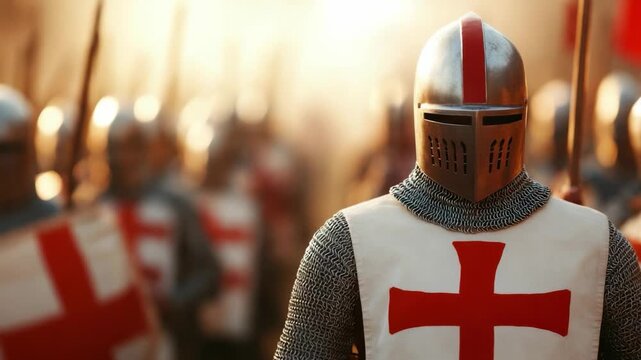 A group of knights prepares for a gathering in a field at sunset. They wear armor and carry flags as they march together. The event highlights their dedication to history and the spirit of unity