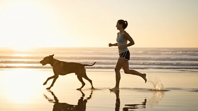 Woman and Vizsla dog jogging on beach at sunrise