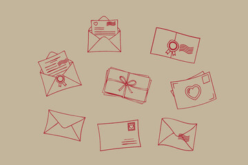 Set of love letters, different postal cards and envelopes. Vector hand drawn line crayon doodle illustration. retro Isolated design elements. Message, Valentines day card, romantic mailing concept