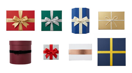 Fototapeta premium Gift box set including rectangular, round, and square shapes in red, gold, blue, and green colors with ribbon bows. Holiday and celebration packaging collection.