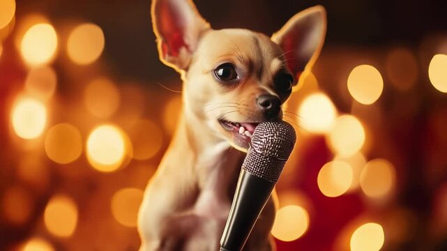 Cute chihuahua holding a microphone as if singing or performing on stage with festive bokeh lights in background