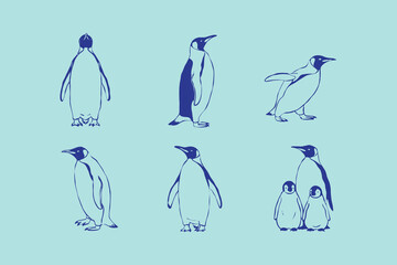King imperial penguins in different poses set. hand drawn line style Adult birds and chick. Standing, lying down, walking penguins. vector doodle illustration. Isolated design elements