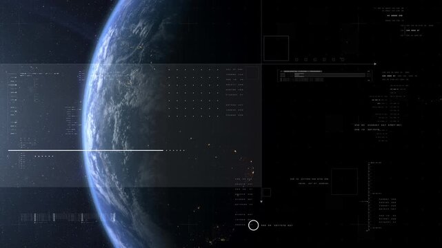 Cinematic view of Earth from space with a clean futuristic HUD overlay, blending real planetary detail with sci-fi interface elements for aerospace, surveillance, and exploration themes