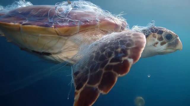 Sea turtle struggles against plastic pollution while swimming in clear ocean waters during a bright sunny day