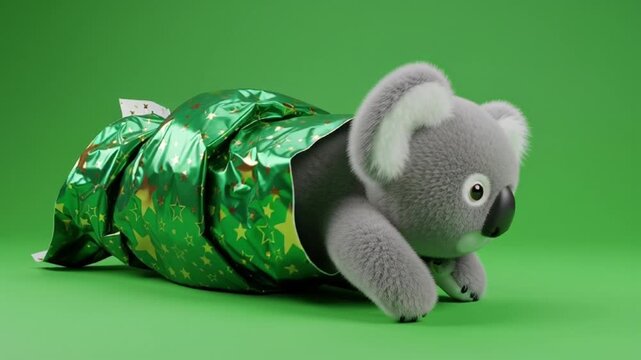 Koala wearing green leaf costume on table