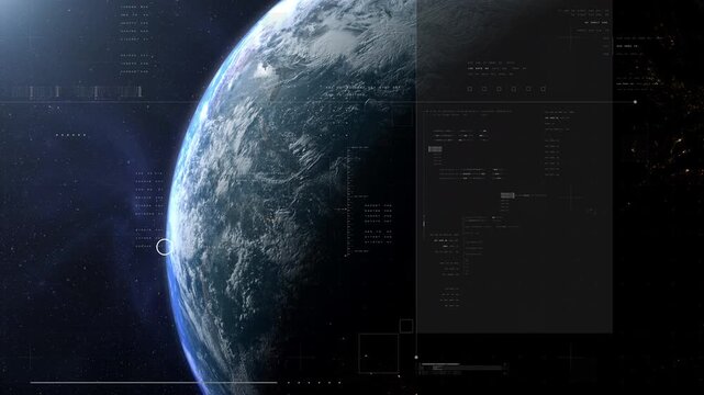 Cinematic view of Earth from space with a clean futuristic HUD overlay, blending real planetary detail with sci-fi interface elements for aerospace, surveillance, and exploration themes