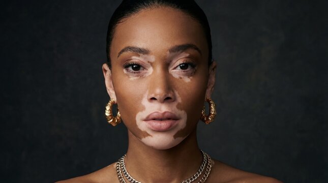 Vitiligo Portrait: A high-fashion beauty portrait of a woman with vitiligo around her eyes and mouth, wearing gold jewelry, dark background, direct gaze.
