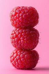 Stacked Raspberries: A close-up showcases a trio of ripe, ruby-red raspberries stacked with precision, against a soft, pink backdrop.
