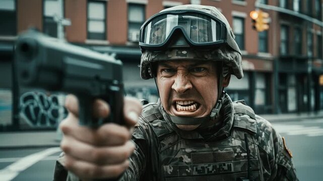 A soldier in uniform stands in an urban street, pointing a gun and shouting commands. The incident happens during a training exercise in broad daylight. The area shows street signs and buildings