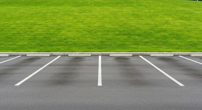 A vacant parking lot with marked spaces, a concrete curb, and a grassy hillside