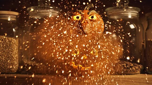 Two animated Halloween jack-o-lantern pumpkins stack playfully. Magical dust bursts around them on a rustic wooden shelf. Festive autumn seasonal imagery with glowing eyes.