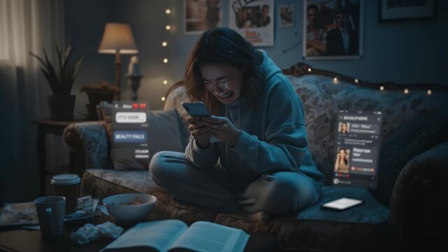 A person relaxes on a couch at night, looking at their phone. Books and snacks are spread around.