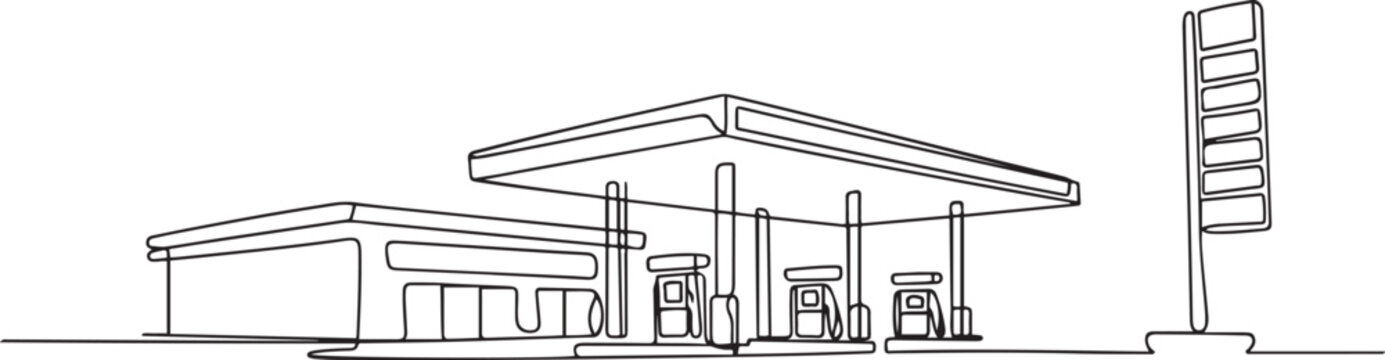 Single one-line drawing of a big gas station in town. one line Art icon drawing vector