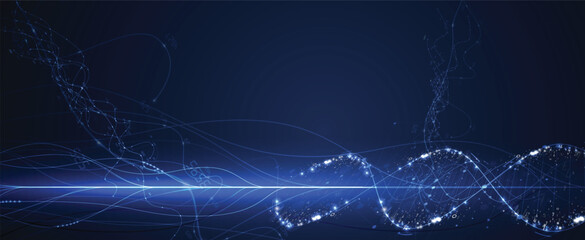 Futuristic scientific hexagons structure, DNA strands, connected neural web