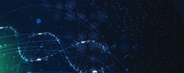 Futuristic scientific hexagons structure, DNA strands, connected neural web
