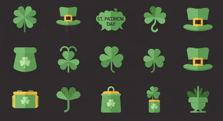 Fototapeta premium St. Patricks Day Icons Set with Shamrocks and Leprechaun Hats on Black Background