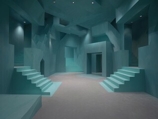 Obraz premium Abstract Turquoise Architectural Labyrinth of Stairs and Geometric Shapes