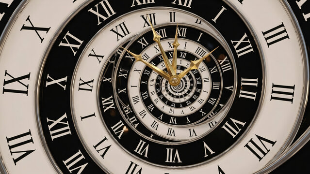 A surrealist clock face with multiple concentric layers and Roman numerals viewed from a close-up perspective
