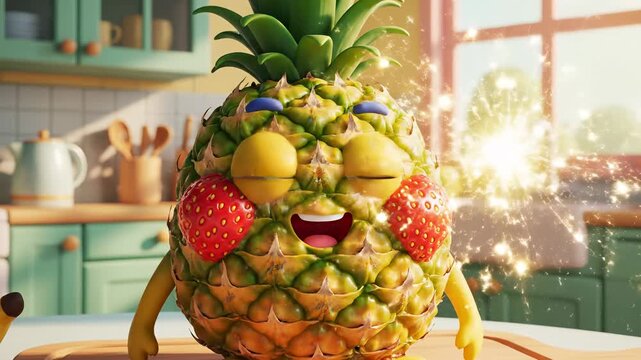 Cute animated pineapple character reacts with magical sparks in a bright kitchen. This whimsical fruit has expressive eyes and strawberry cheeks.