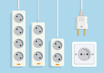 Set of White Electrical Extension Power Strips, Wall Socket, and Male Plug