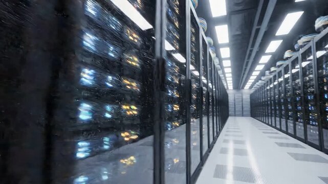 Modern data center interior featuring rows of server racks with blinking lights. High-performance technology infrastructure and cloud computing concept in 4K resolution.