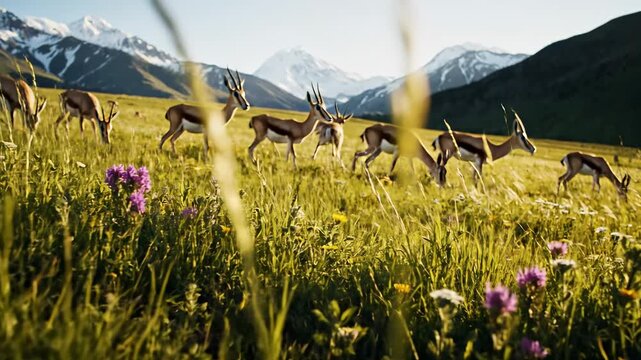 Herd of antelopes grazes in a vibrant mountain meadow. Wildflowers dot the lush green field. Snow-capped peaks rise in the background.