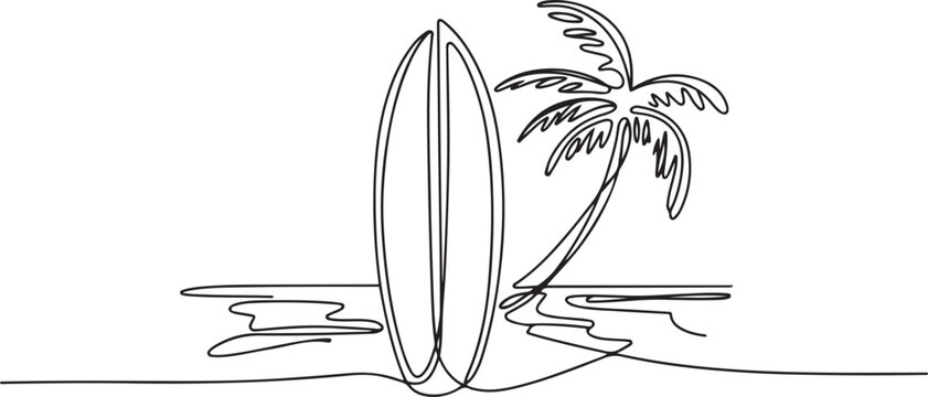 Continuous single one line surfing board standing up in sand beach with palm tree. Vector illustration. one line Art icon drawing vector
