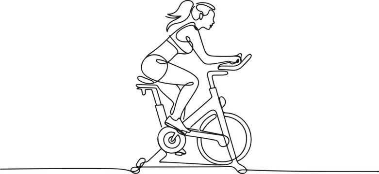 Continuous single line sketch drawing of athletic woman riding static bicycle at gym training. one line Art icon drawing vector