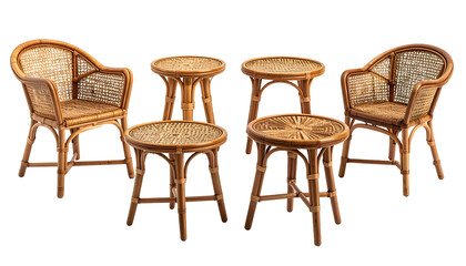 Fototapeta premium Group of rattan chairs and tables set against a black background