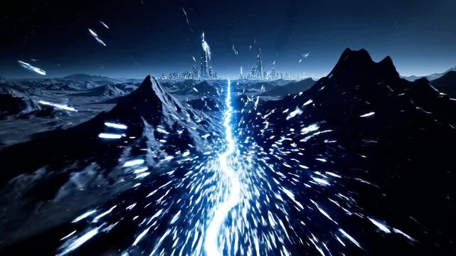 A glowing blue light cuts through a rugged, snow-covered mountain range under a dark sky