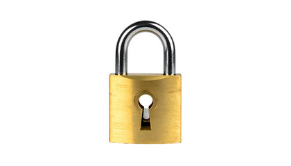 Naklejka premium A close-up shot of a small, brass padlock with a shiny silver shackle against a black backdrop