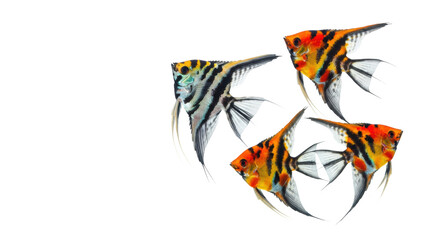 three exotic angelfish, one black and white, two mottled with vibrant orange, red, and yellow, posed elegantly against a shadowless, high-key white studio background, concept of aquatic serenity