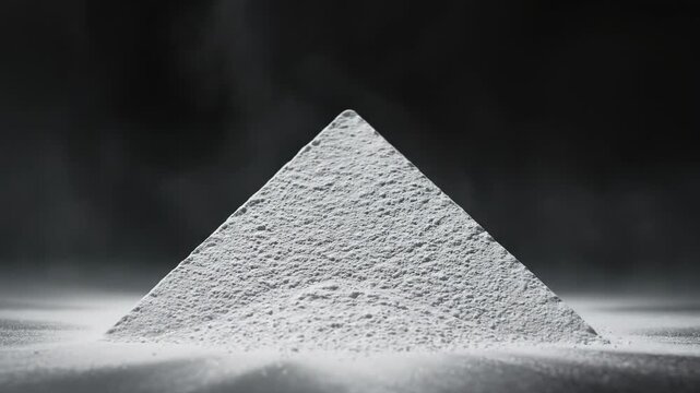 Isolated element of fine granulated powder smoothly dropping from above into a perfect pyramid shape on a non-reflective black stage production, dark backdrop, pharmaceutical
