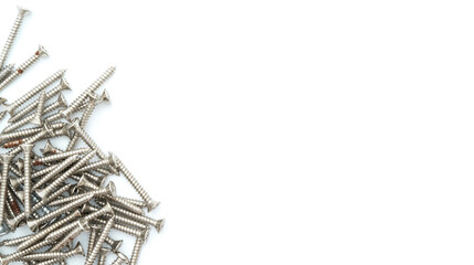 Top view of group of silver stainless steel wood screws isolated on white background.