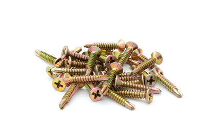 Pile of yellow zinc plated self-drilling screws isolated on white background.