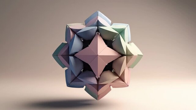 Abstract polyhedral shapes assembling into geometric figure