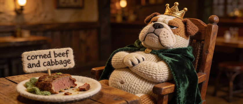 Knitted bulldog wearing a crown and cape, sitting at a table with corned beef and cabbage for St. Patricks Day celebration.